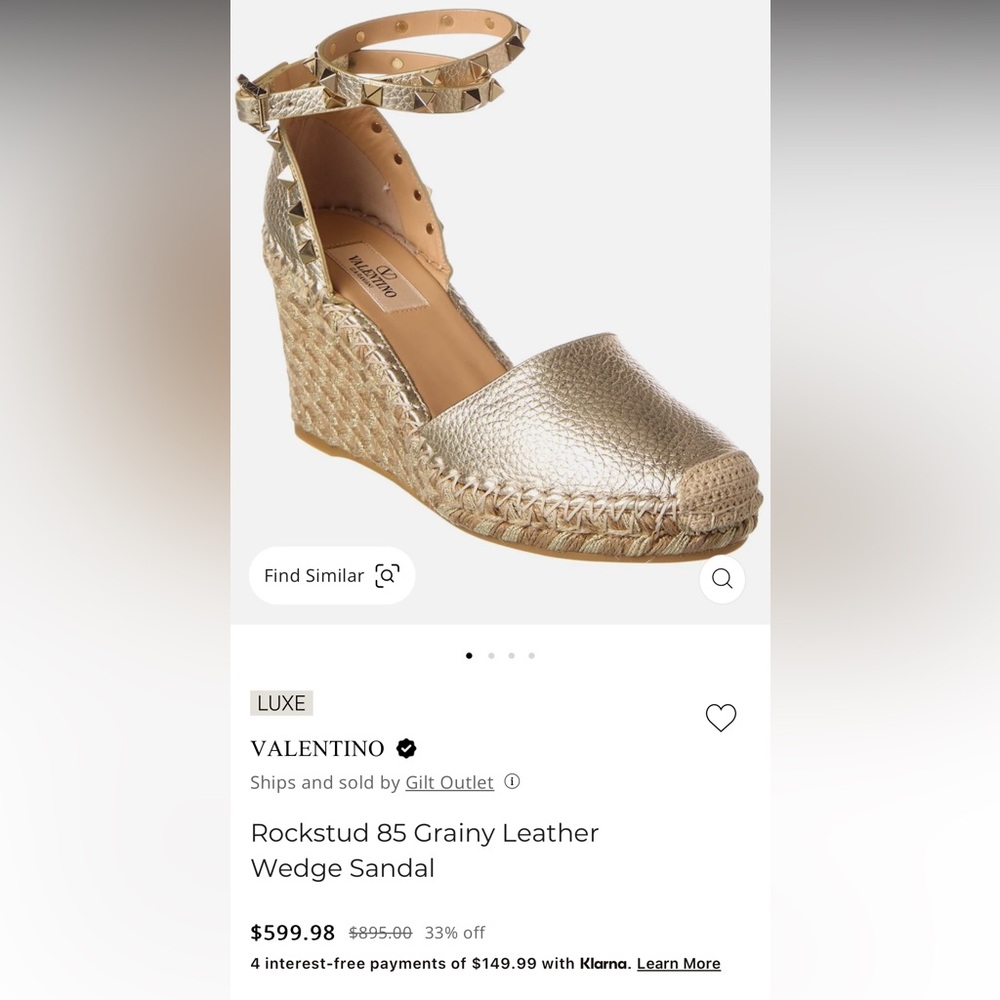 Authentic Valentino Garvani rockstud wedge espadrilles metallic leather gold 36
